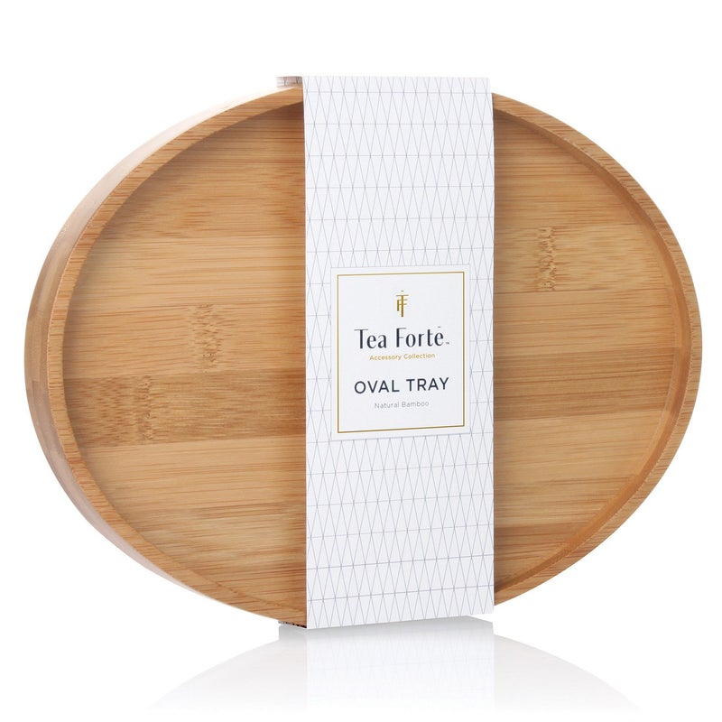 Tea Forte Natural Bamboo Small Oval Decorative Serving Tray for Tea, Coffee, Snacks, 9 in x 7 in - Image 1